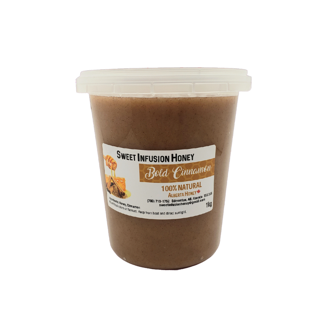 Container of Sweet Infusion Honey Bold Cinnamon on a white background