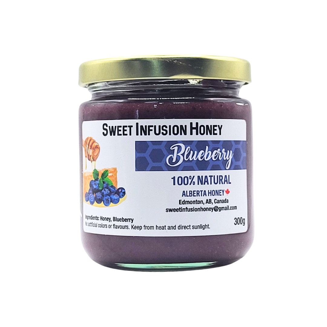 Jar of Sweet Infusion Honey Blueberry flavor on a white background