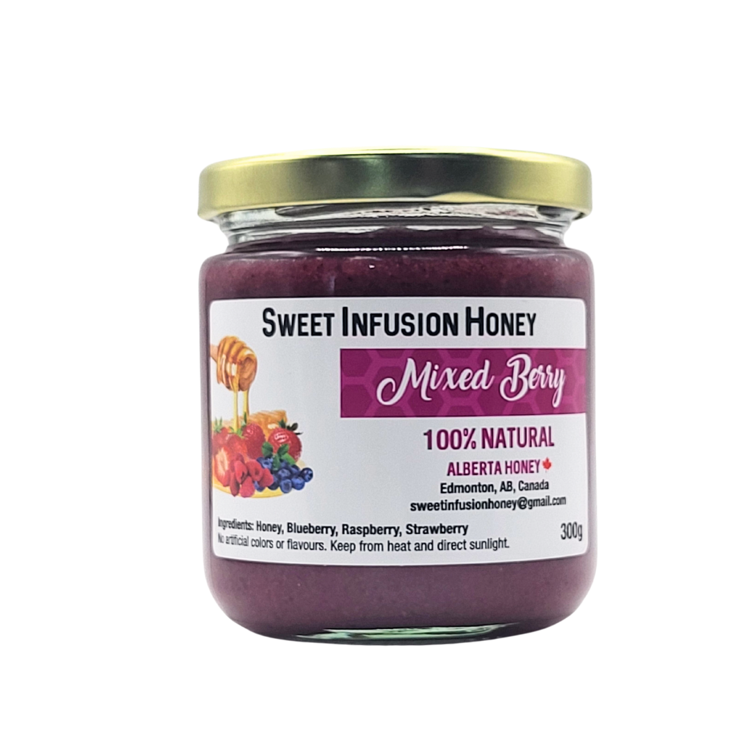 Jar of Sweet Infusion Honey Mixed Berry on a white background