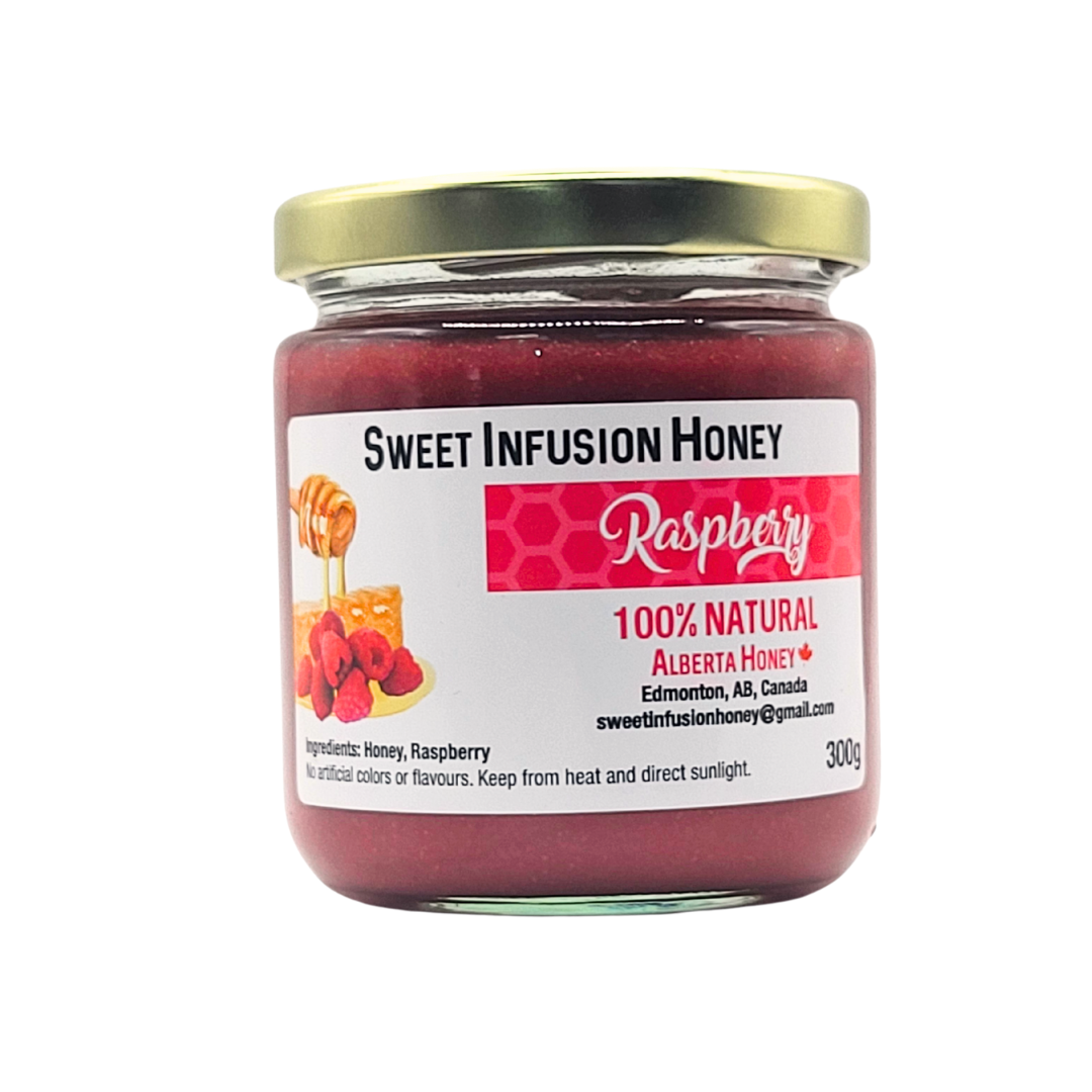 Jar of Sweet Infusion Honey Raspberry on a white background