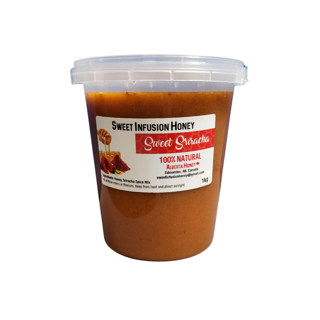 Container of Sweet Infusion Honey Sweet Sriracha on a white background